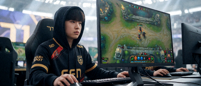 英雄联盟全球总决赛T1对阵GEN的电竞比赛现场，选手专注操作，大屏幕展示比赛画面